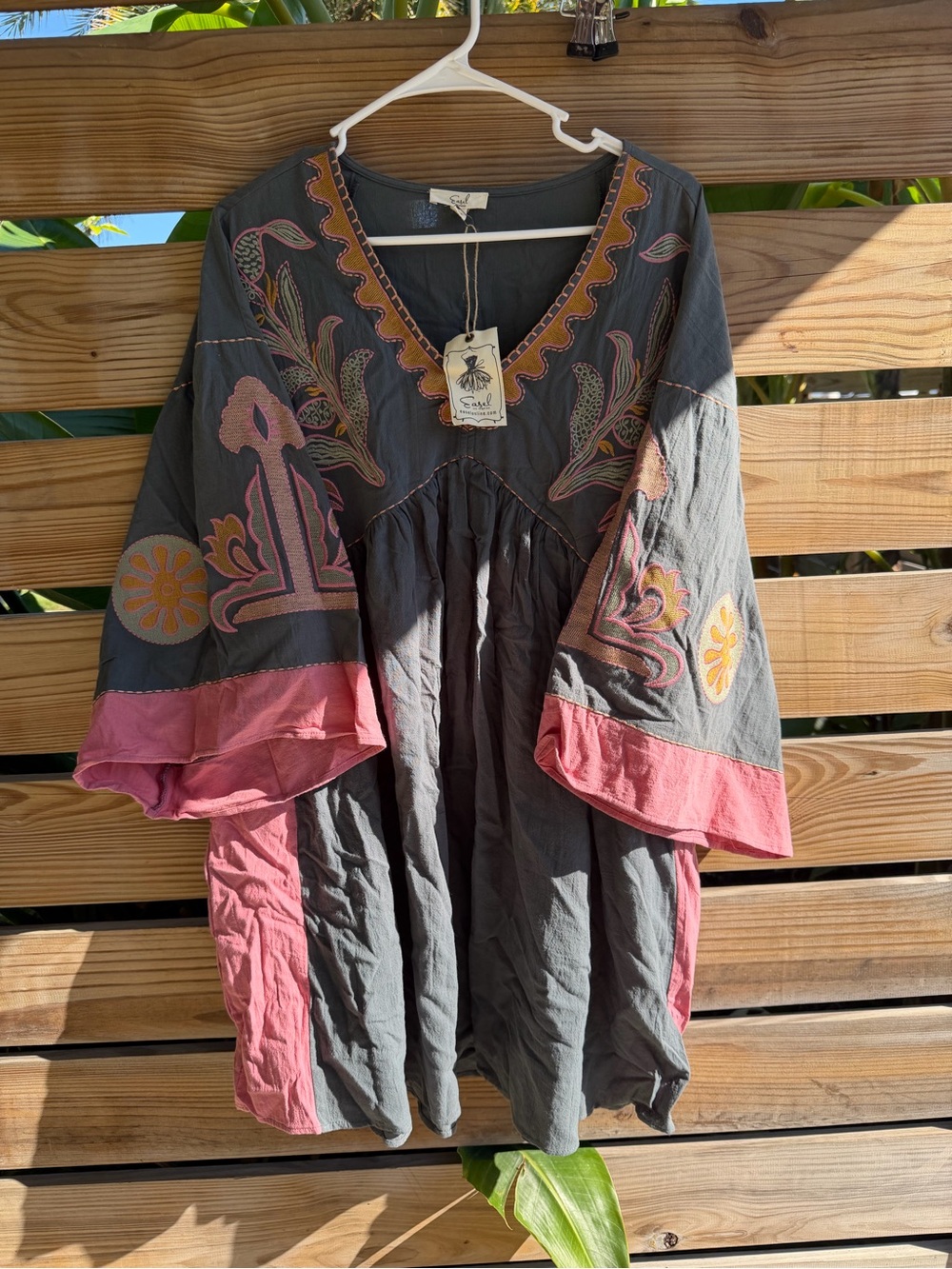 easel Embroidered Boho dress in Charcoal & Rose
